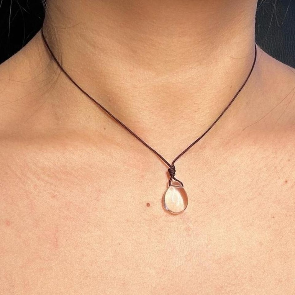 Handmade Clear Czech Glass Drop Necklace Boho Adjustable Cord Dainty Layering